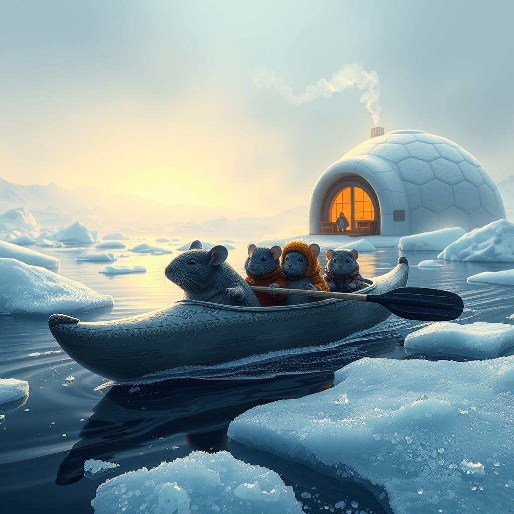 Mouse in Traditional Eskimo Kayak Paddles Arctic Waters