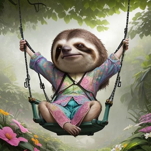 Joyful Sloth on Garden Swing: Digital Matte Painting