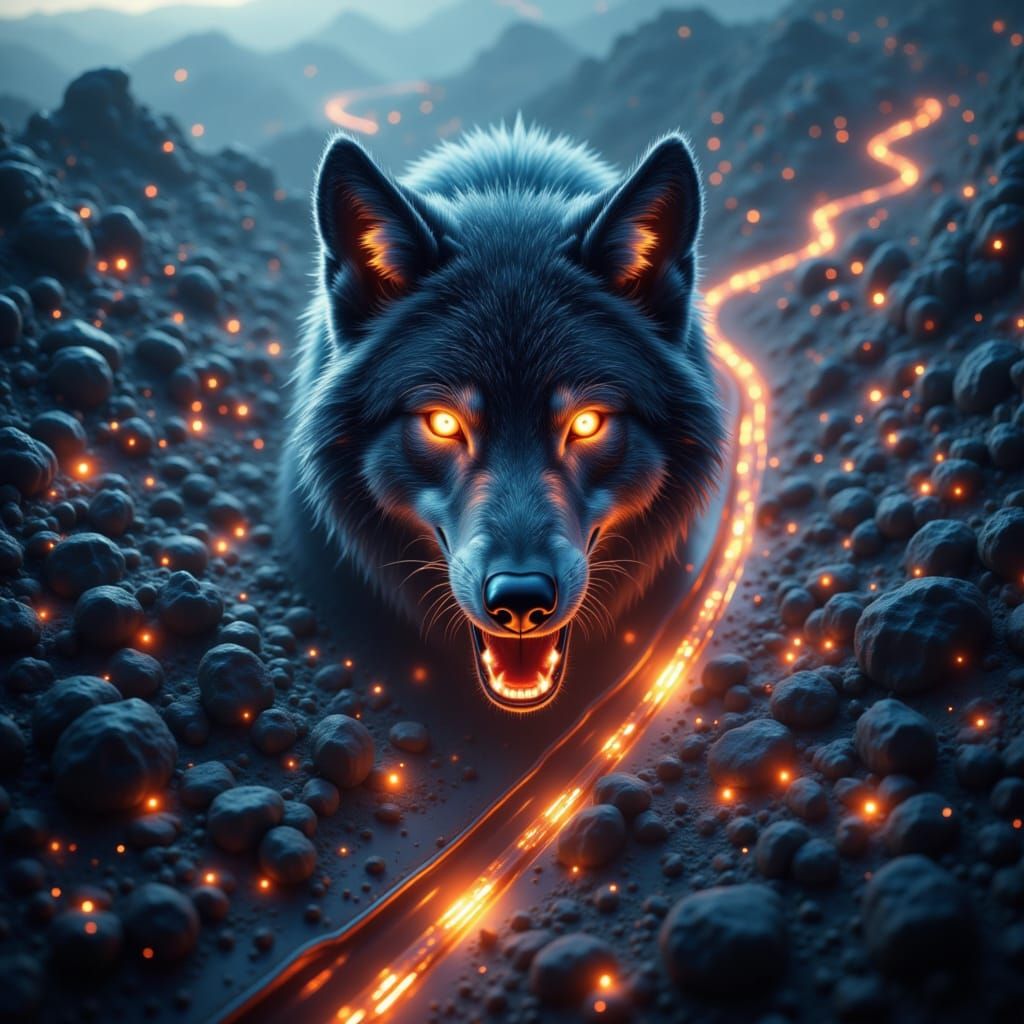 Wolf Cityscape Double Exposure in Cyberpunk Style