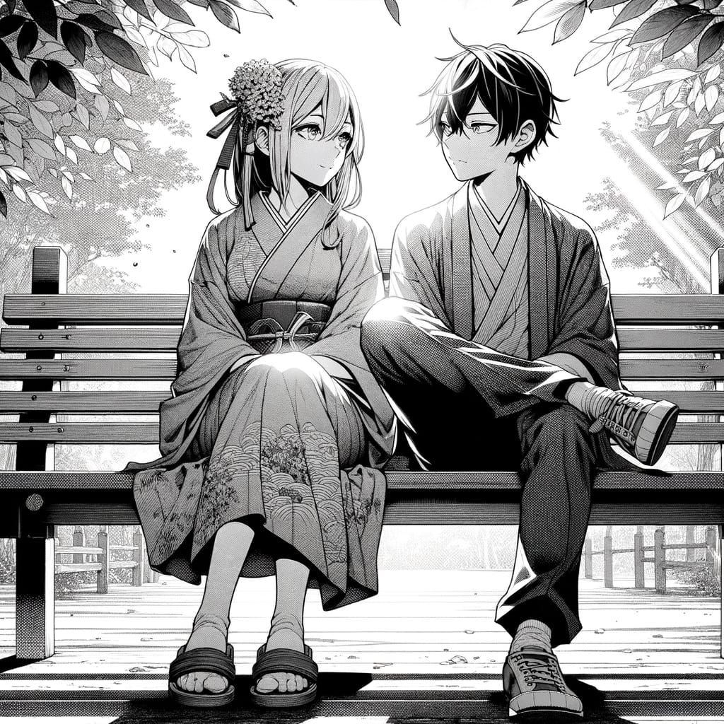 Manga Couple on Park Bench, Sunny Day Intimacy