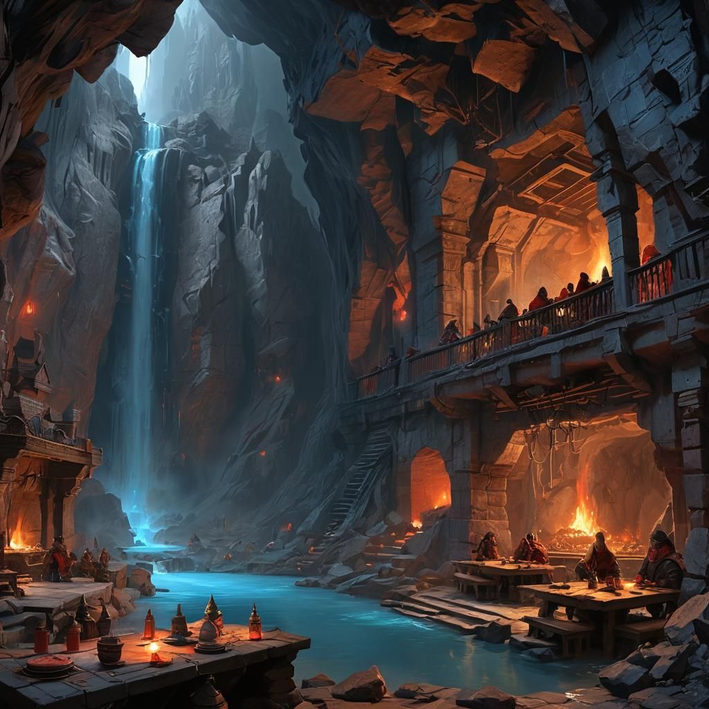 Dwarven Mountain Mess Hall with Waterfall