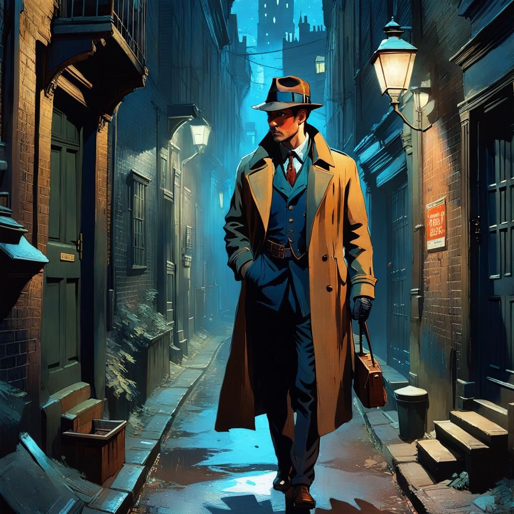 Detective Investigates Dark Alleyway in Stylized Watercolor