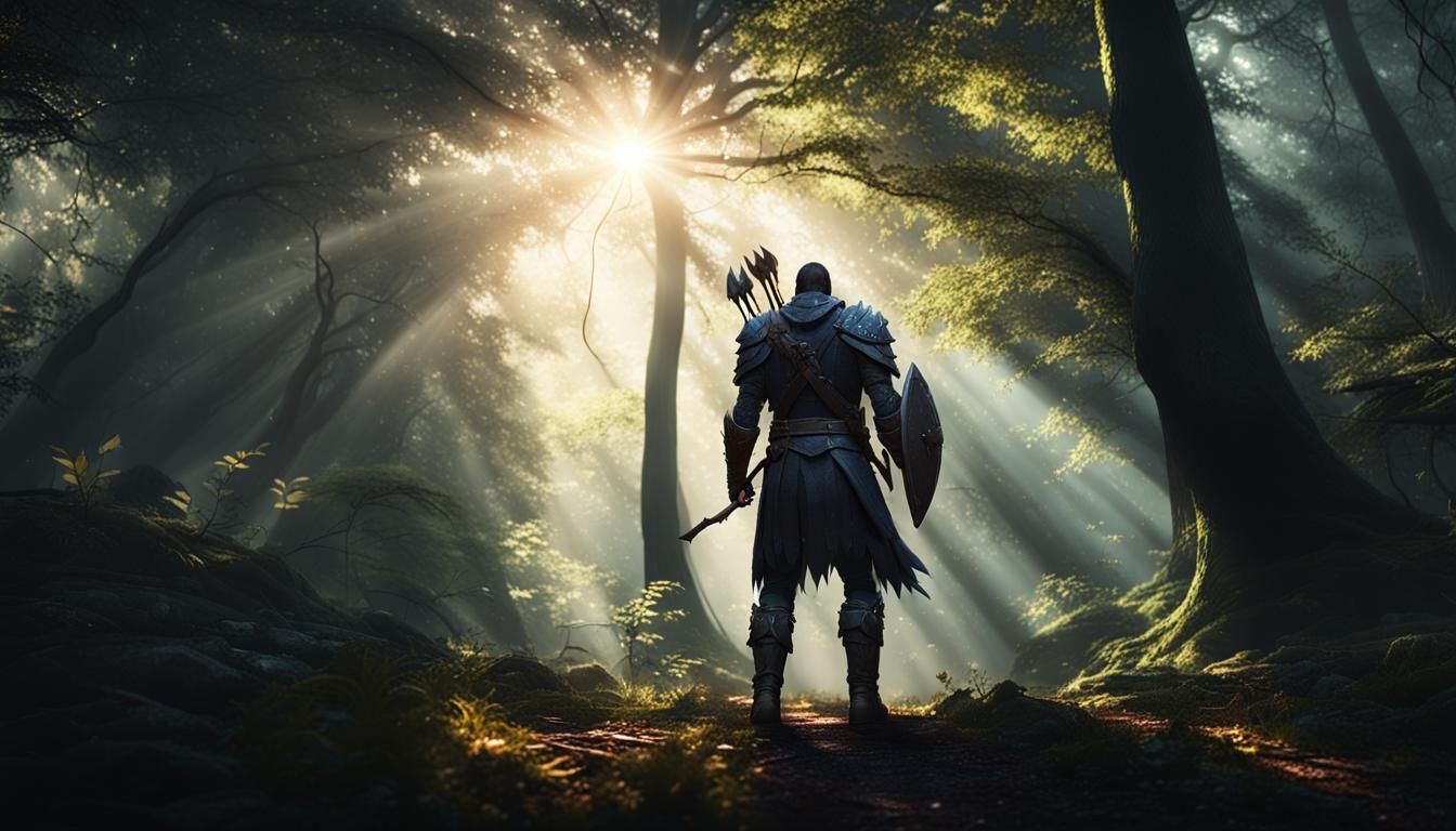 Warrior Ventures Into Dark Fantasy Forest
