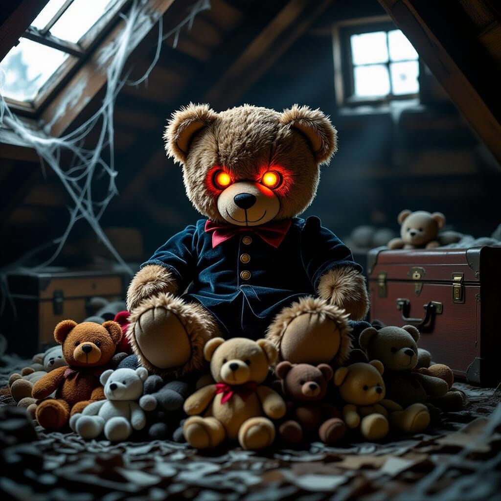 Sinister Teddy Bear with Glowing Red Eyes in Dusty Attic