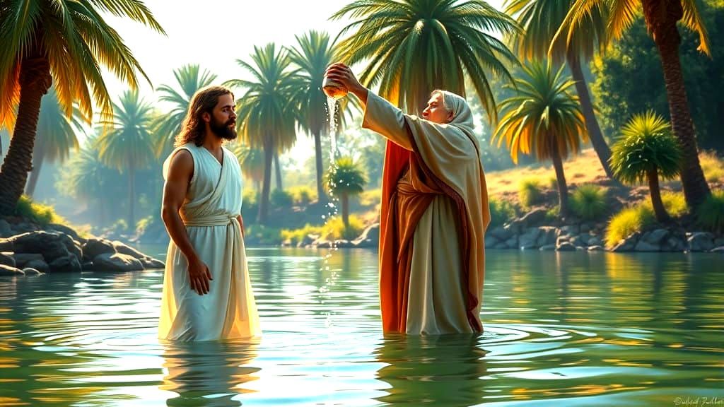 Biblical Baptism Scene, in Mosaic Art Style