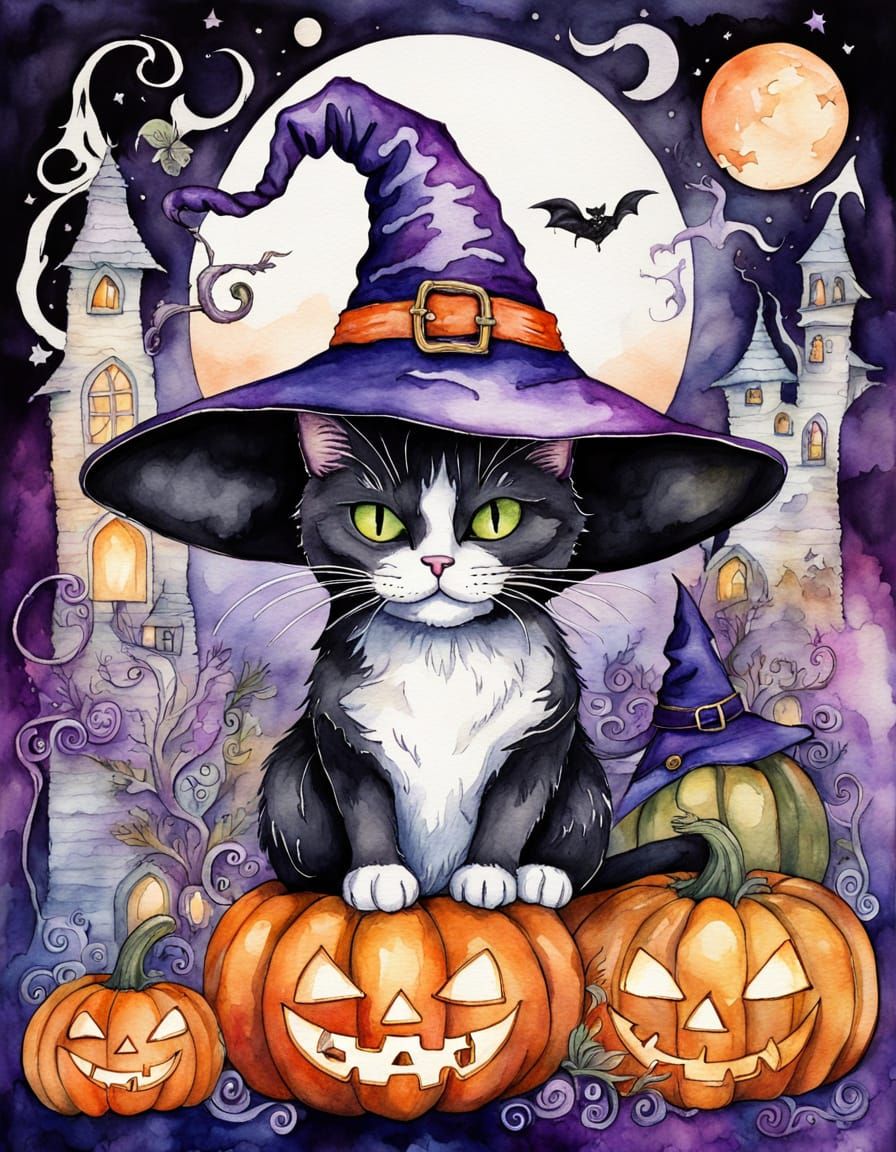 Witchy Cat on Halloween Pumpkin in Detailed Work Room