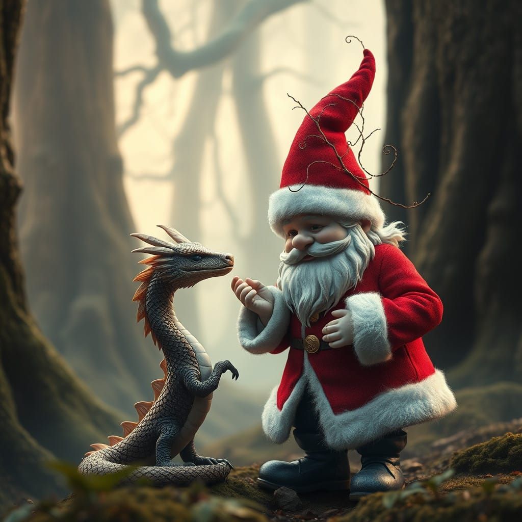 Garden Gnome and Dragon in Enchanted Forest, Hyper-Realistic...