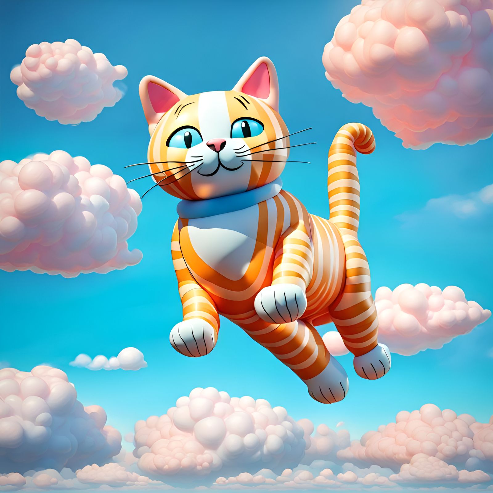 Inflatable Cat Soaring Through Pastel Sky