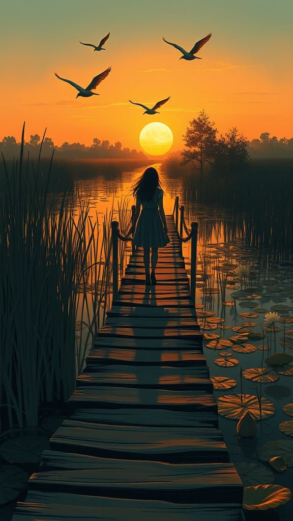 Girl on Marsh Path in Moebius Style