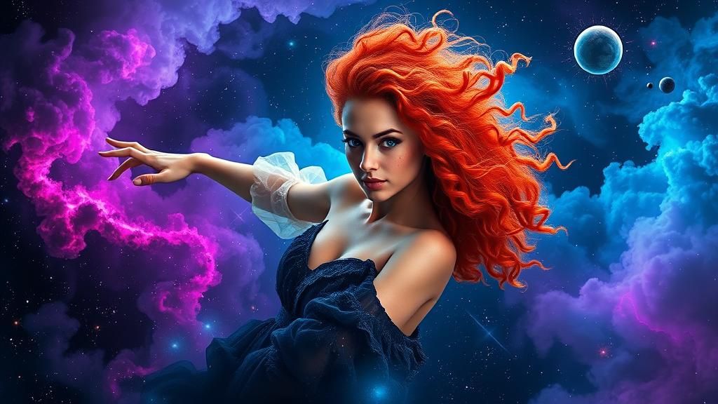 Woman Dancing in Galaxy in Holographic Astral Style