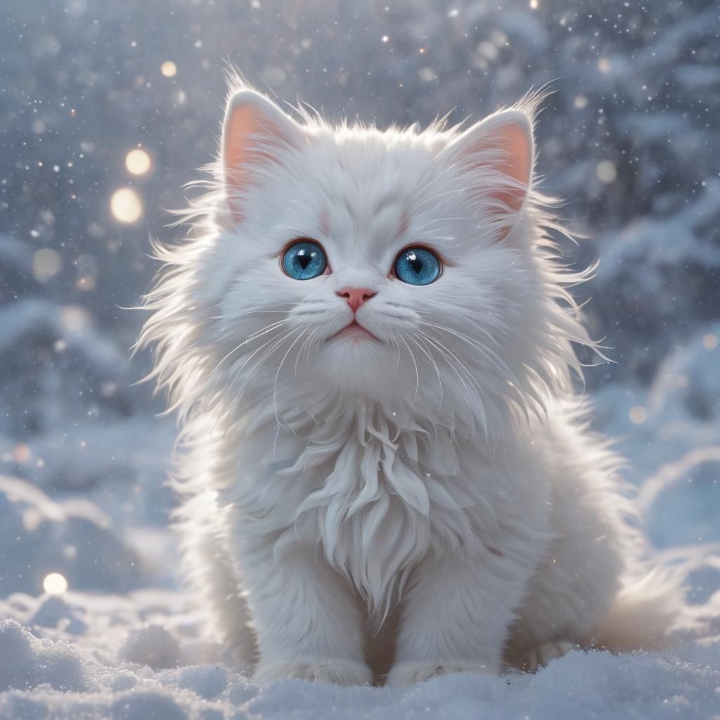 Luminescent White Kitten in Snow, Hyperrealistic Illustratio...