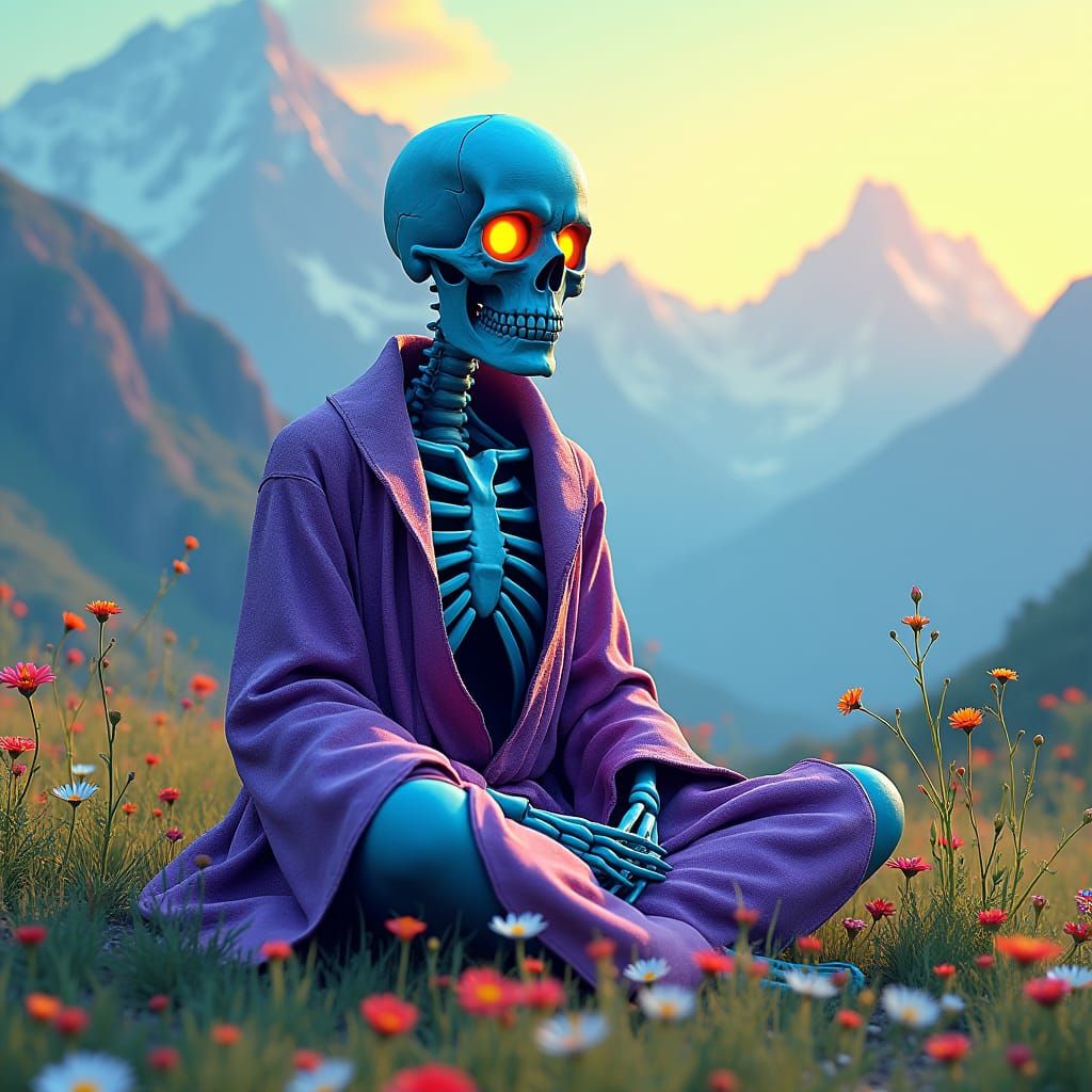 Vibrant 80s Fantasy Skeleton in Lush Landscape
