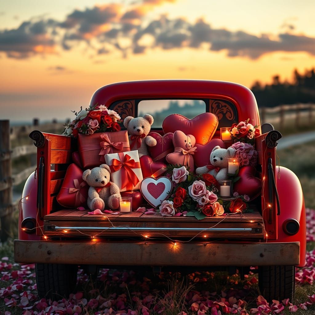 Vintage Pickup Truck in Romantic Valentine's Day Setting