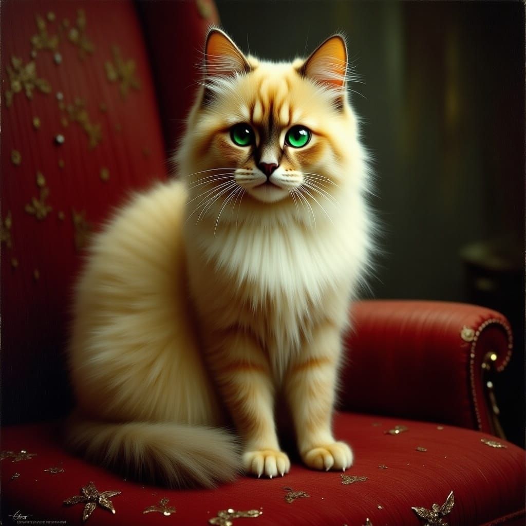 Majestic Cat on Velvet Cushion in Dreamy Style