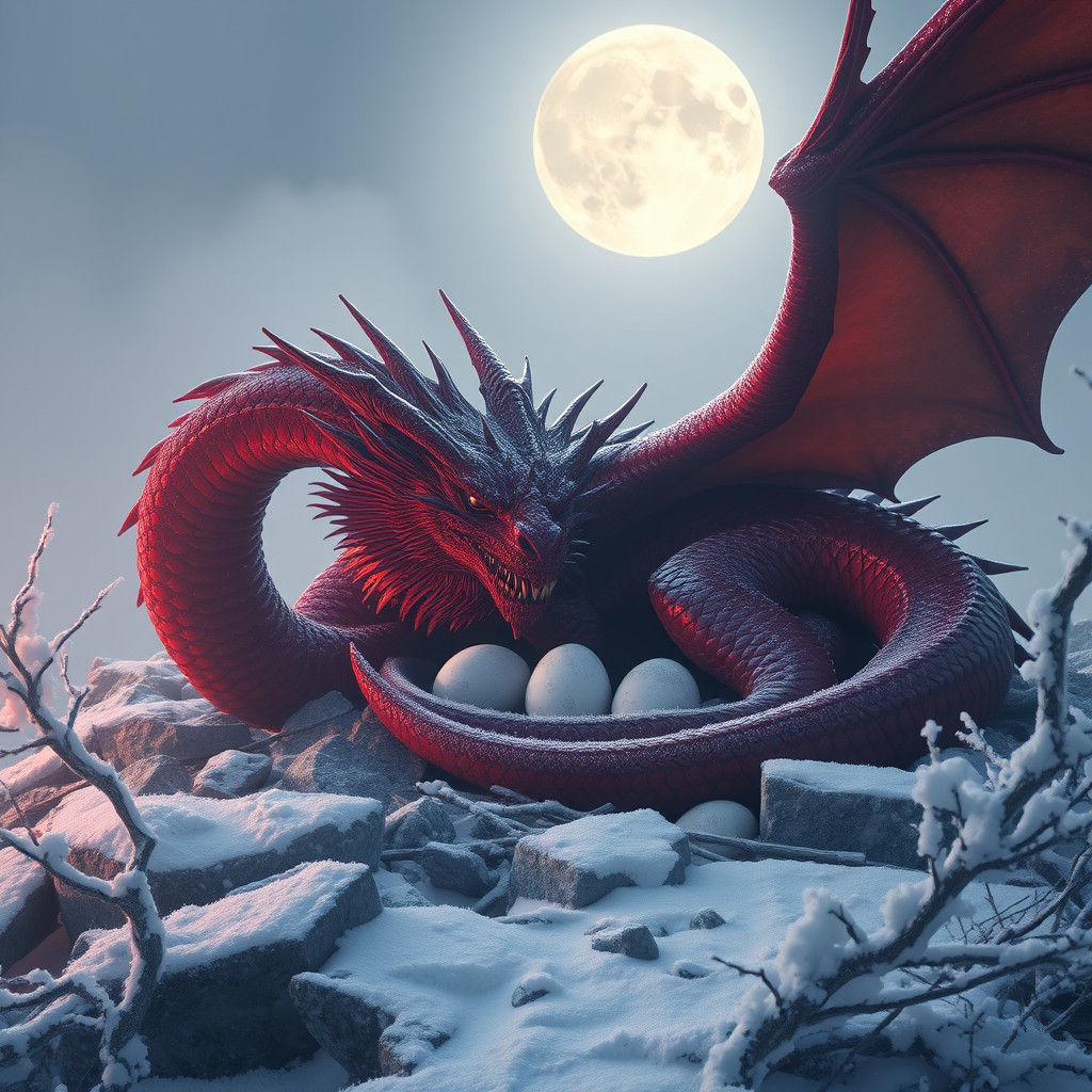 Crimson Dragon Mother Protecting Eggs in Winter