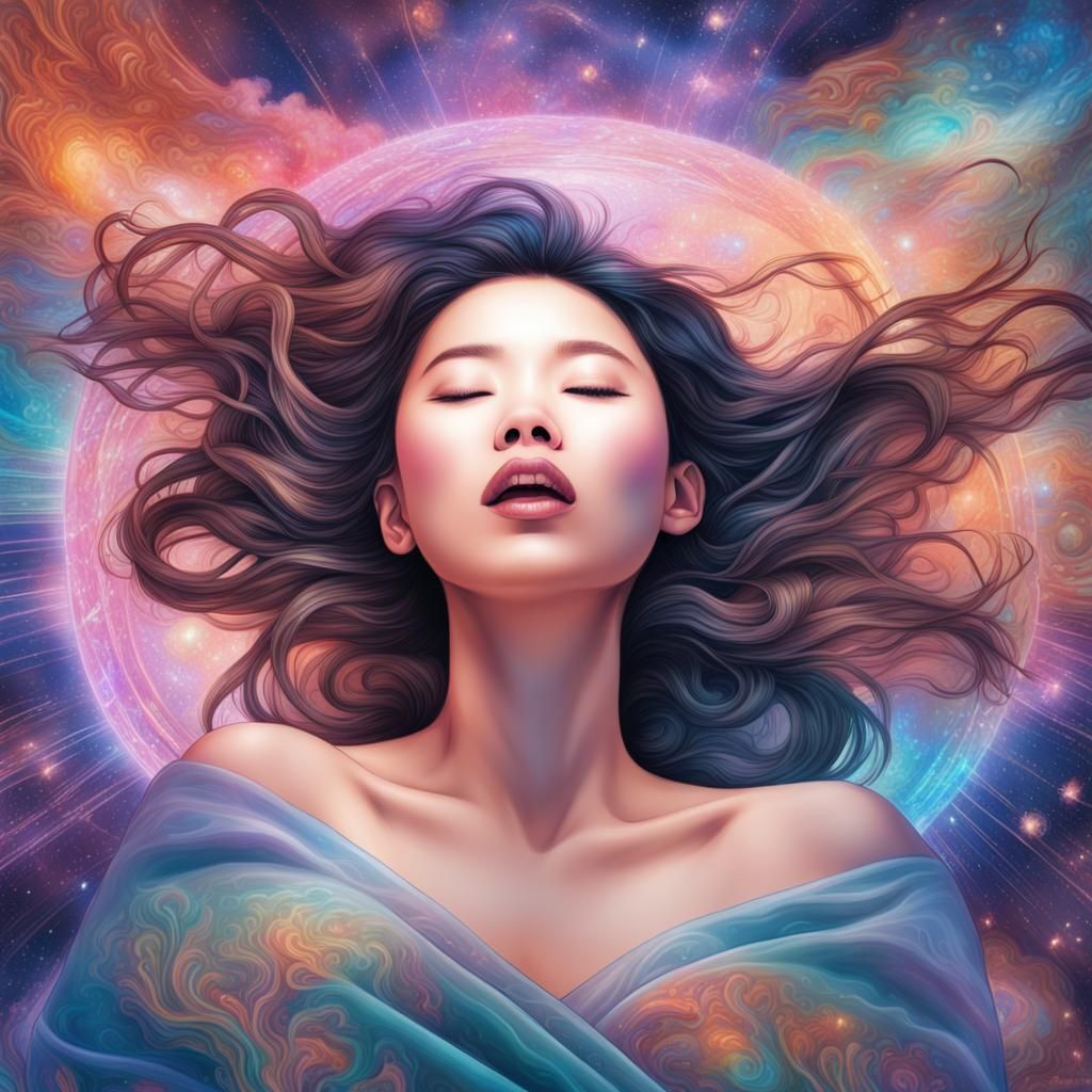 Blissful Asian Woman in Holographic Astral Art