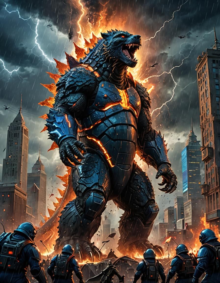 Kaiju Attacks Burning City in Sci-Fi Battle