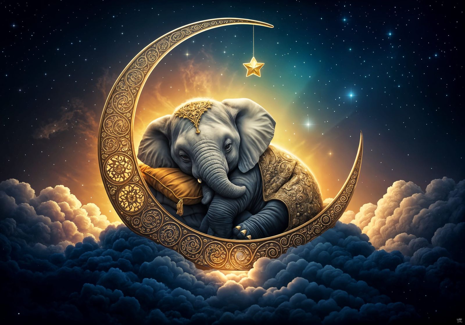 Baby Elephant Sleeping in Crescent Moon: Fantasy Art