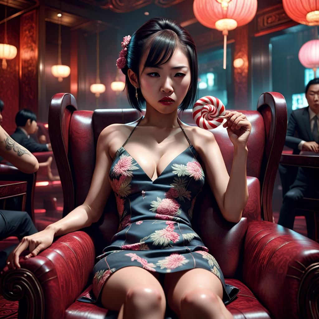 Female Yakuza Member with Lollipop in Club