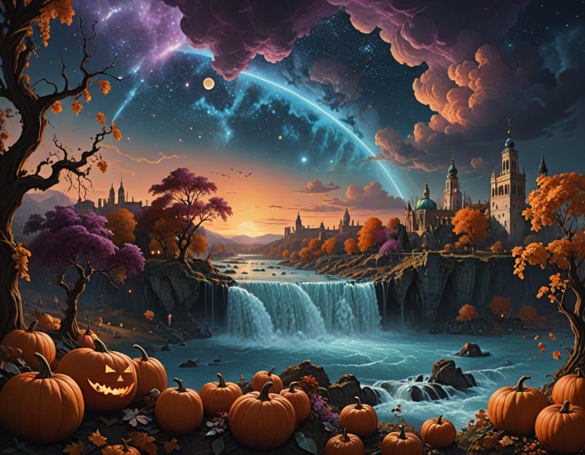 Ethereal Autumn Waterfall with Binary Sunset