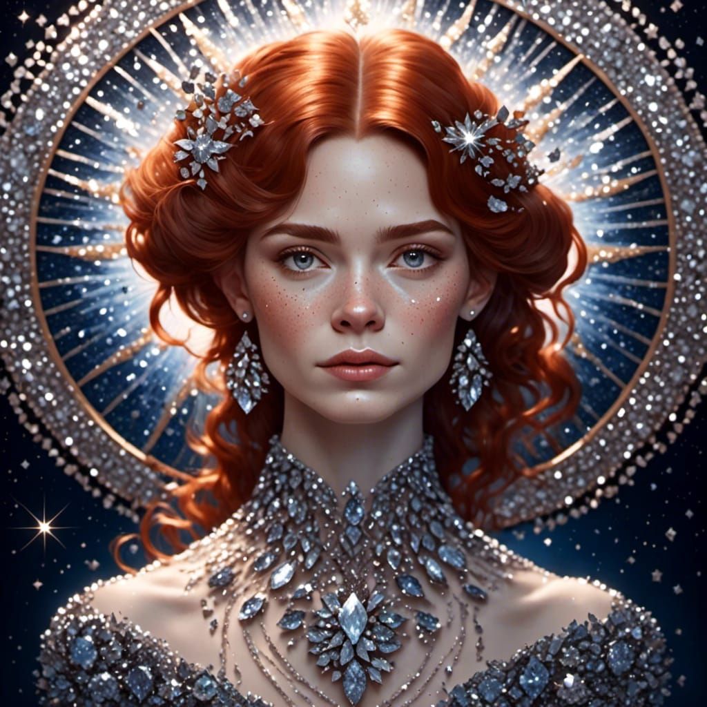 Ornate Auburn Hair Portrait with Glitter Effects