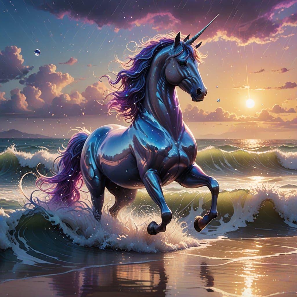 Majestic Unicorn Descends into Serene Bay