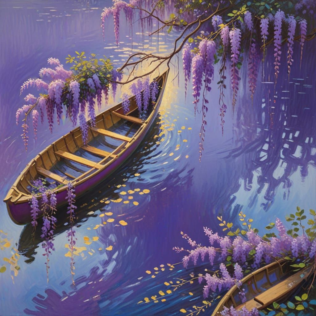 Impressionist Canoe on Purple River with Wisteria