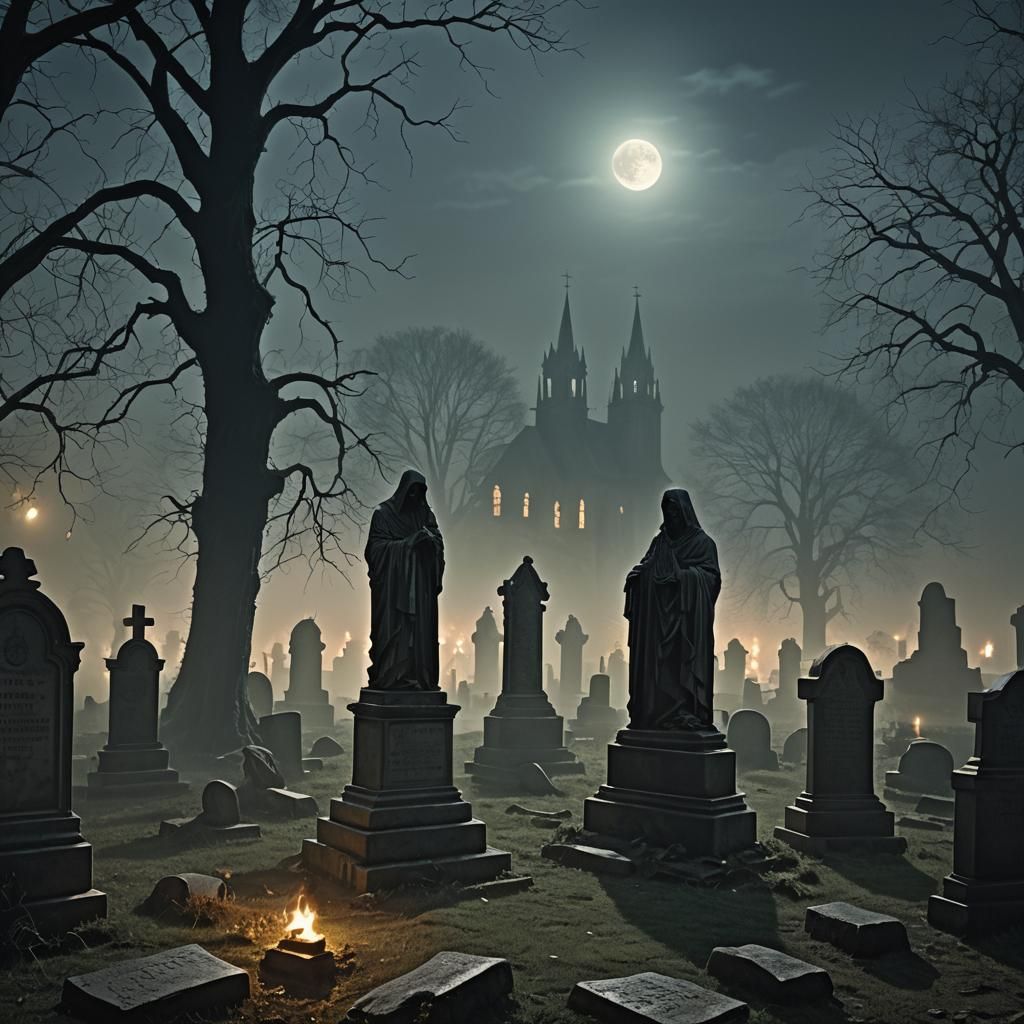 Eerie Ghosts Rise in Gothic Cemetery at Night