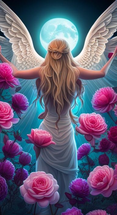 Angelic Wings and Roses in Cosmic Illustration