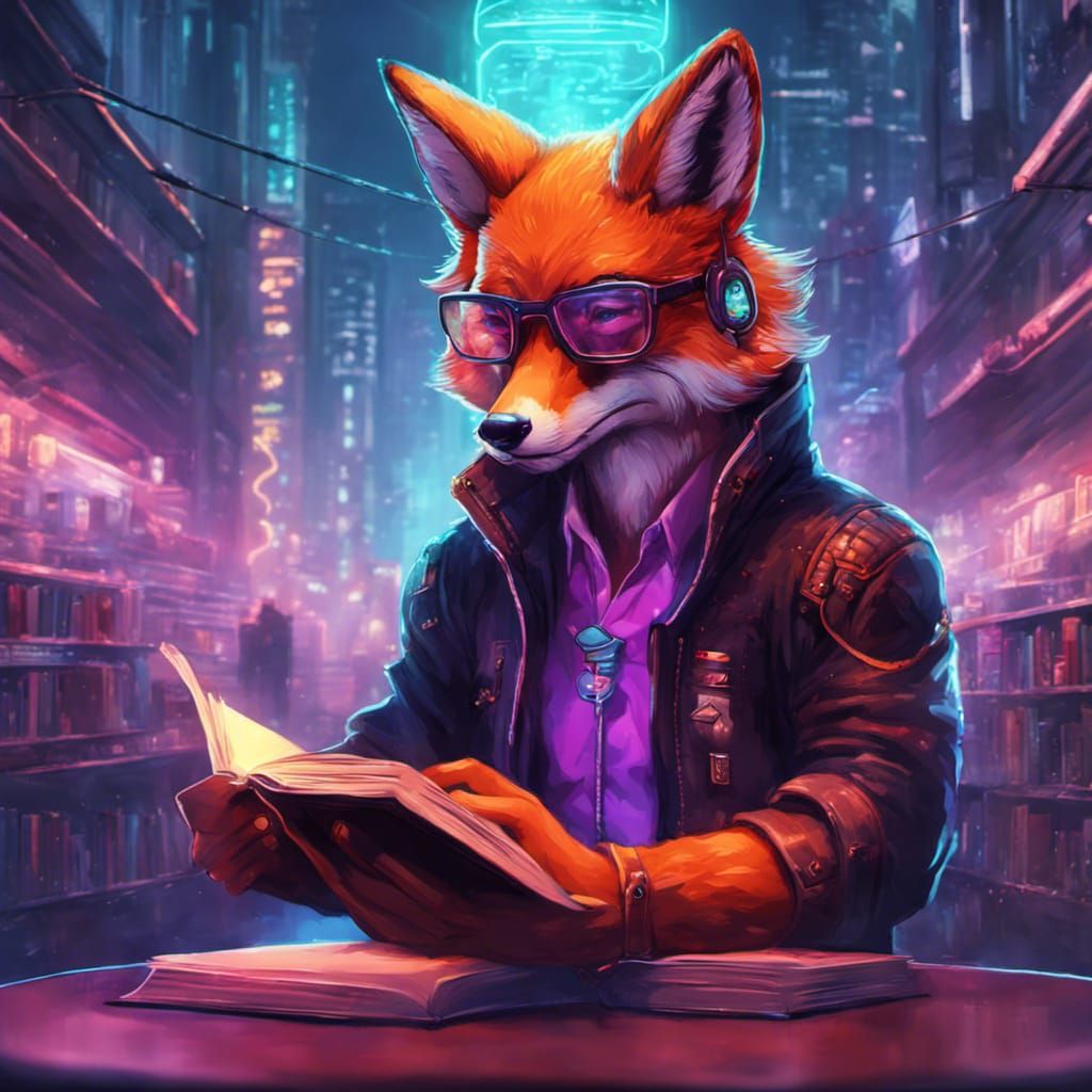 Cyberpunk Fox Prince Reading in Library