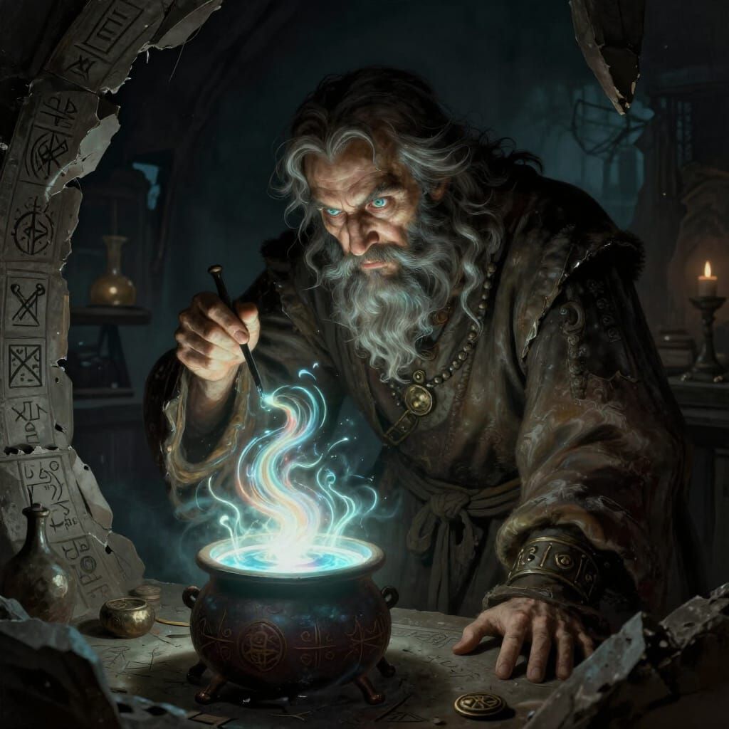 Alchemist Hunched Over Glowing Crucible in Dark Fantasy Art