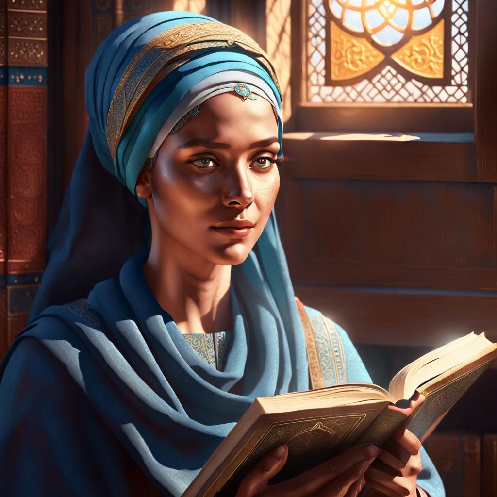 Medieval Arabic Woman Reading: Hyperdetailed Portrait