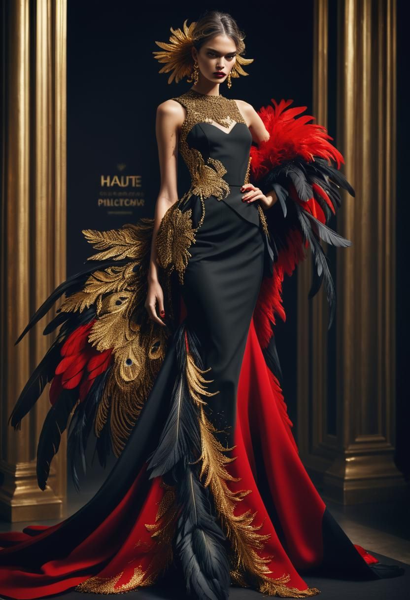 Black and Red Feathered Dress in Haute Couture Style