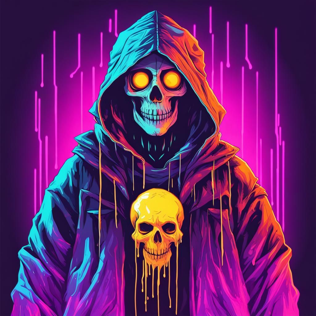 Synthwave Scarecrow with Melting Skull Mask