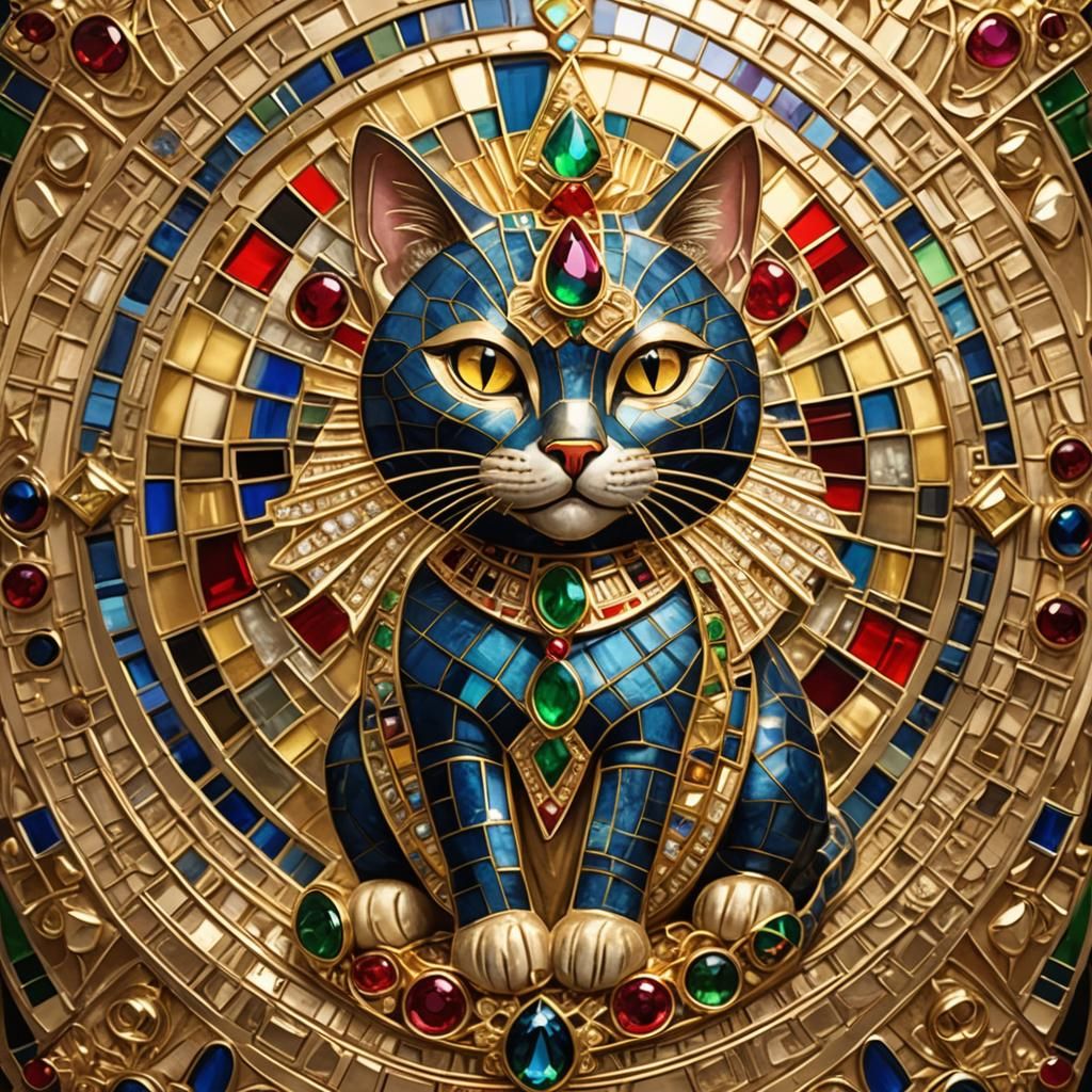 Egyptian Goddess Cat Brooch in Gold and Gems