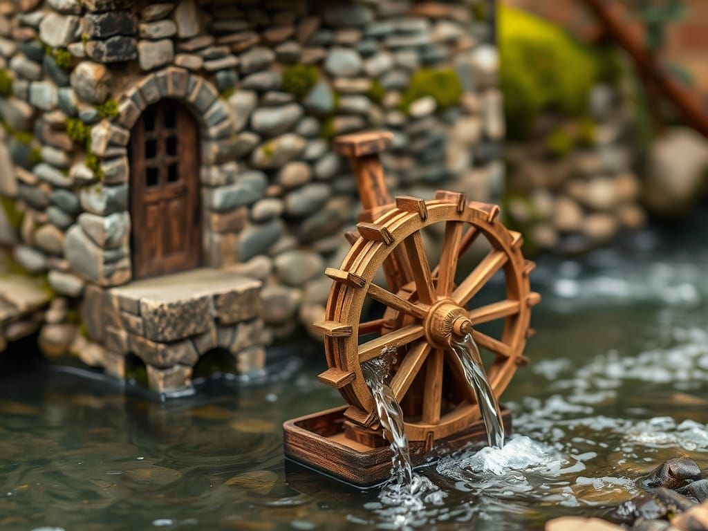 Rustic Stone Mill by a Serene River with Miniature Wooden Wa...
