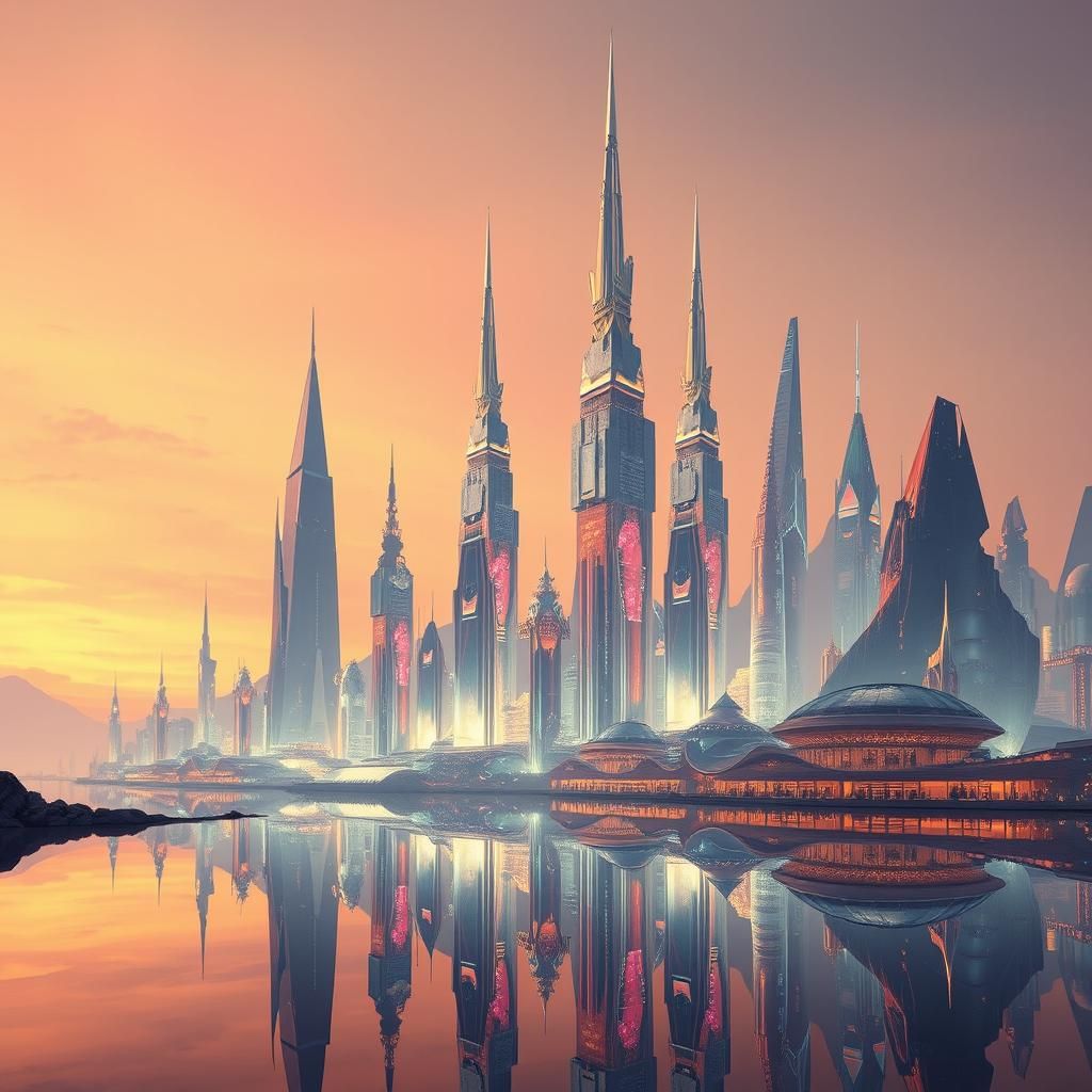 Futuristic Crystal City Reflected at Twilight