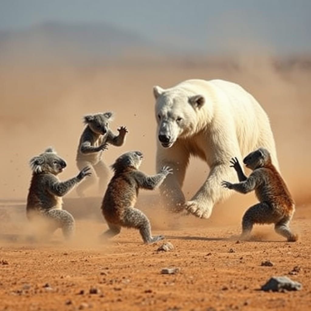 Dusty Desert Battle: Koalas vs Polar Bear