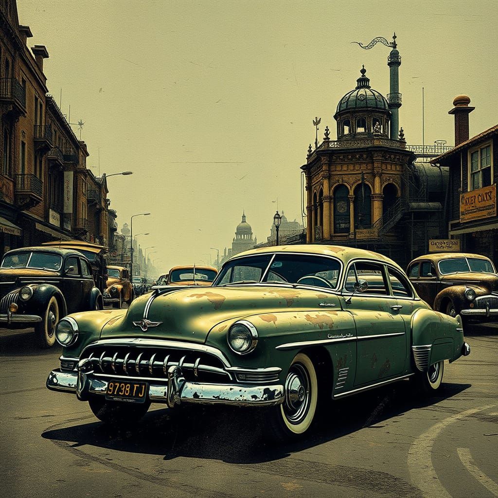 Vintage Steampunk Cars Collage in Resplendent Texture