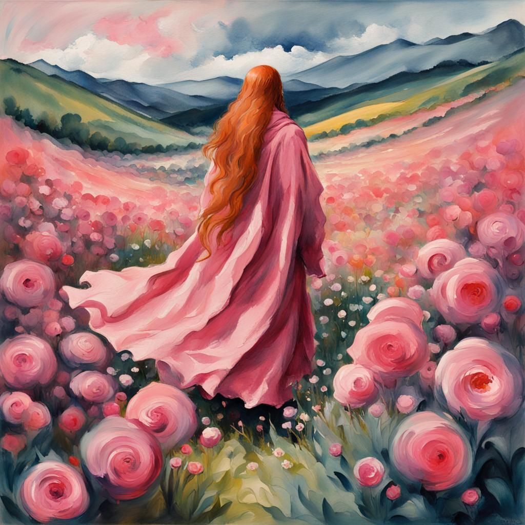 Mysterious Figure in Pink Flowers: Gouache Style