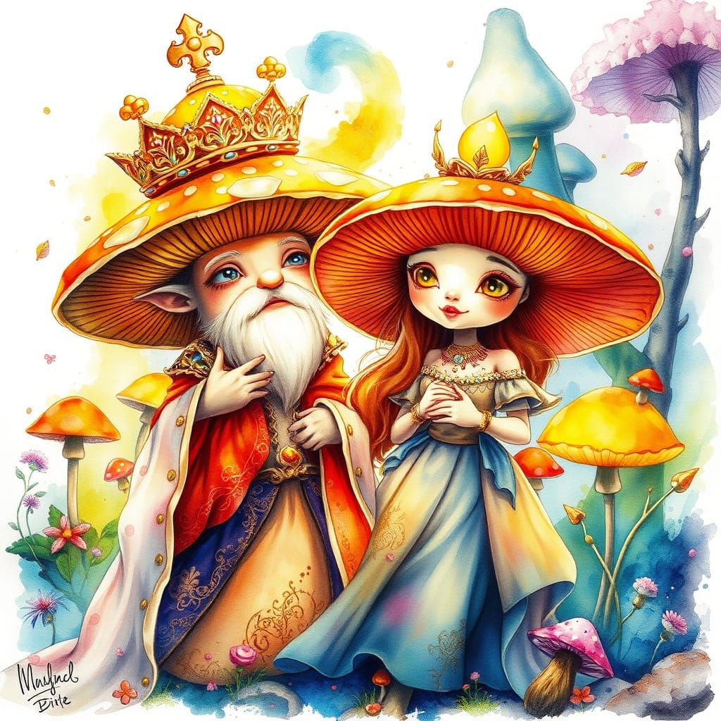 Regal Mushroom Monarchs in Whimsical Watercolour Style