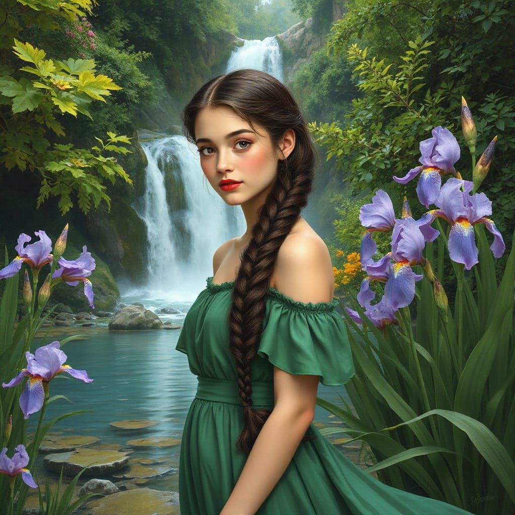 Serene Fantasy Maiden in Lush, Vibrant Landscape
