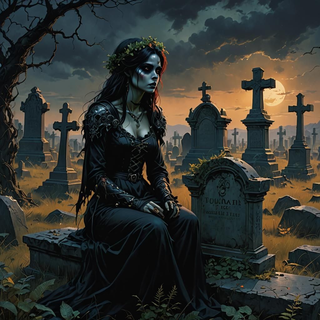 Melancholic Emo Girl in Graveyard, Detailed Matte Painting