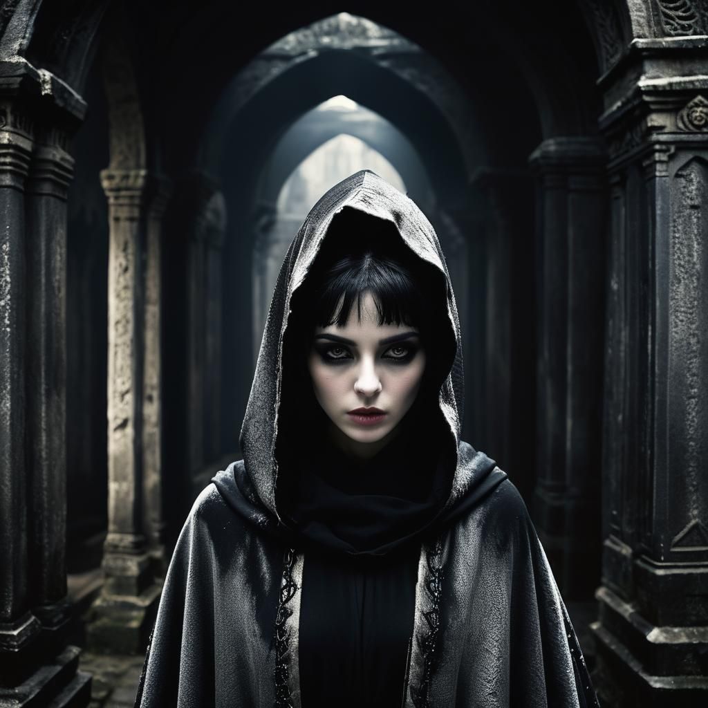 Woman in Black Cape in Gloomy Temple