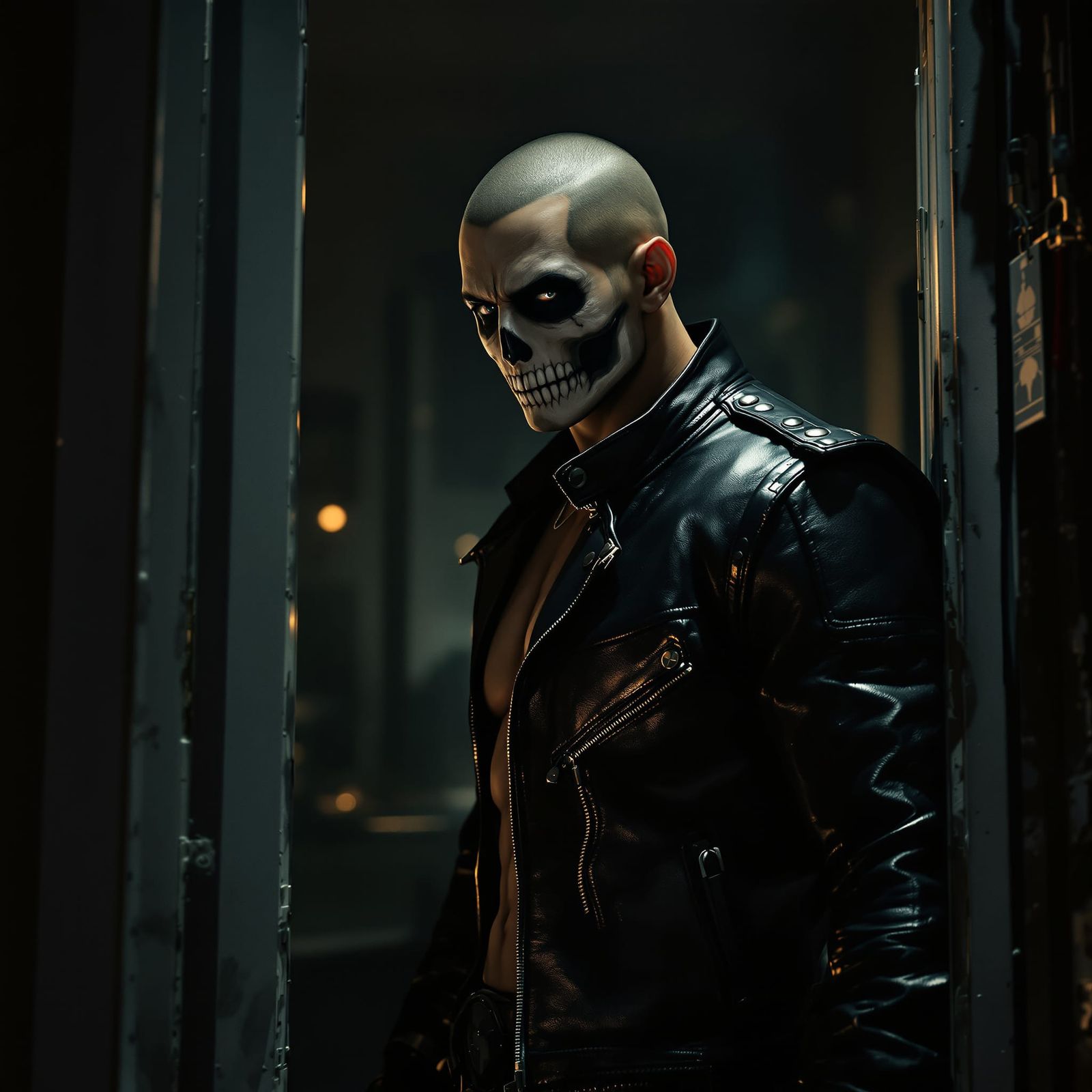 Chiseled Athlete Beckons From Doorway in Skull Paint