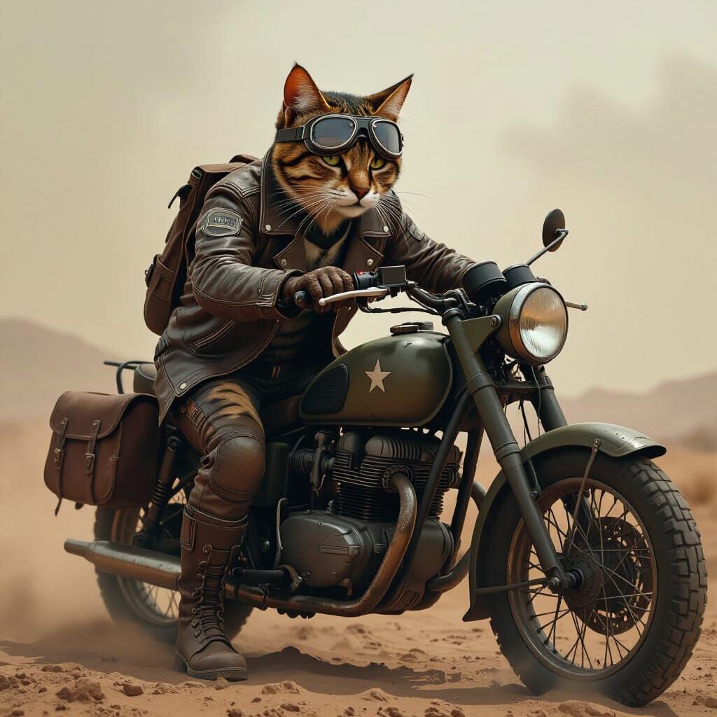 Feline Warrior Rides Vintage Motorcycle Through Post-Apocaly...