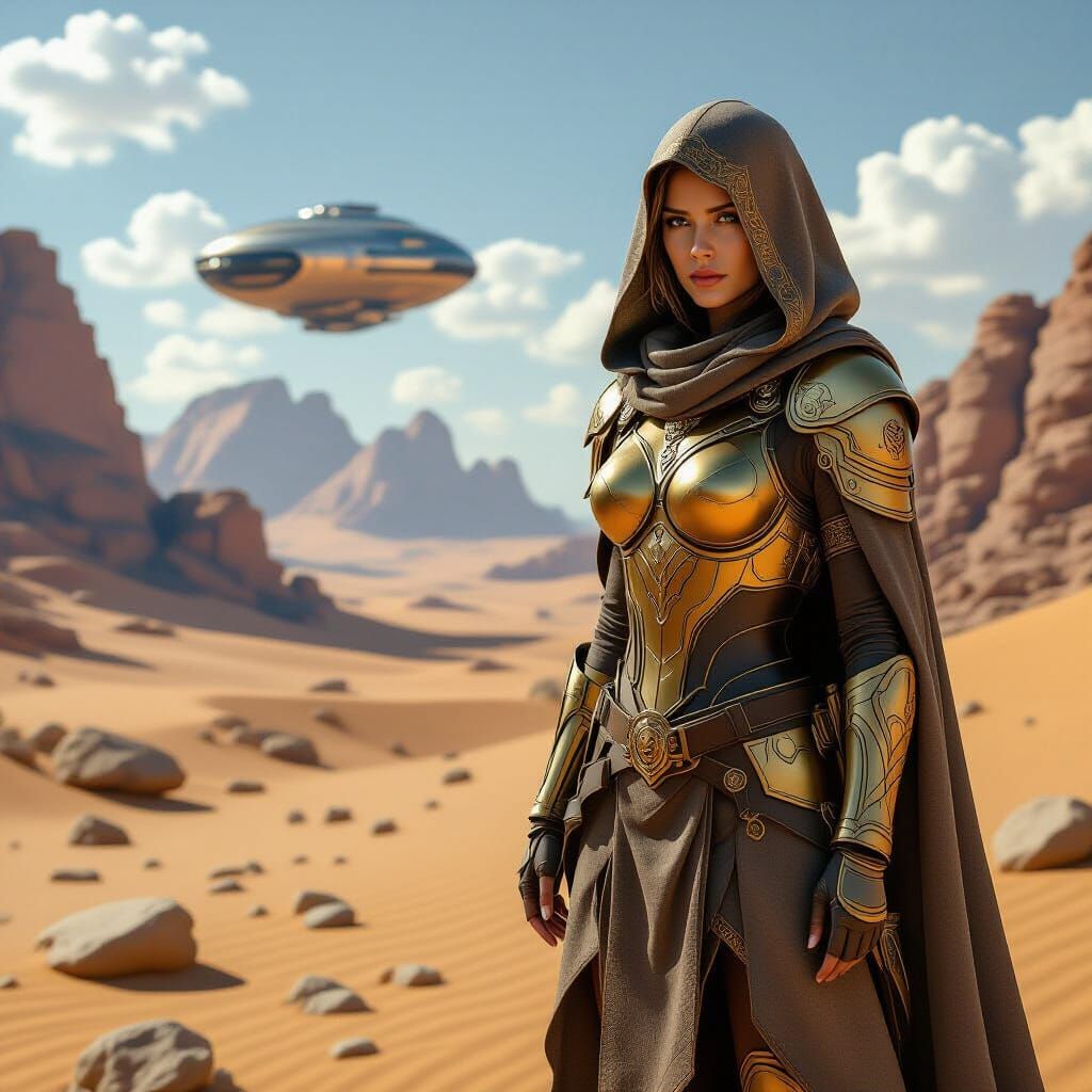 Desert Warrior in Golden Armor Under Futuristic Sky
