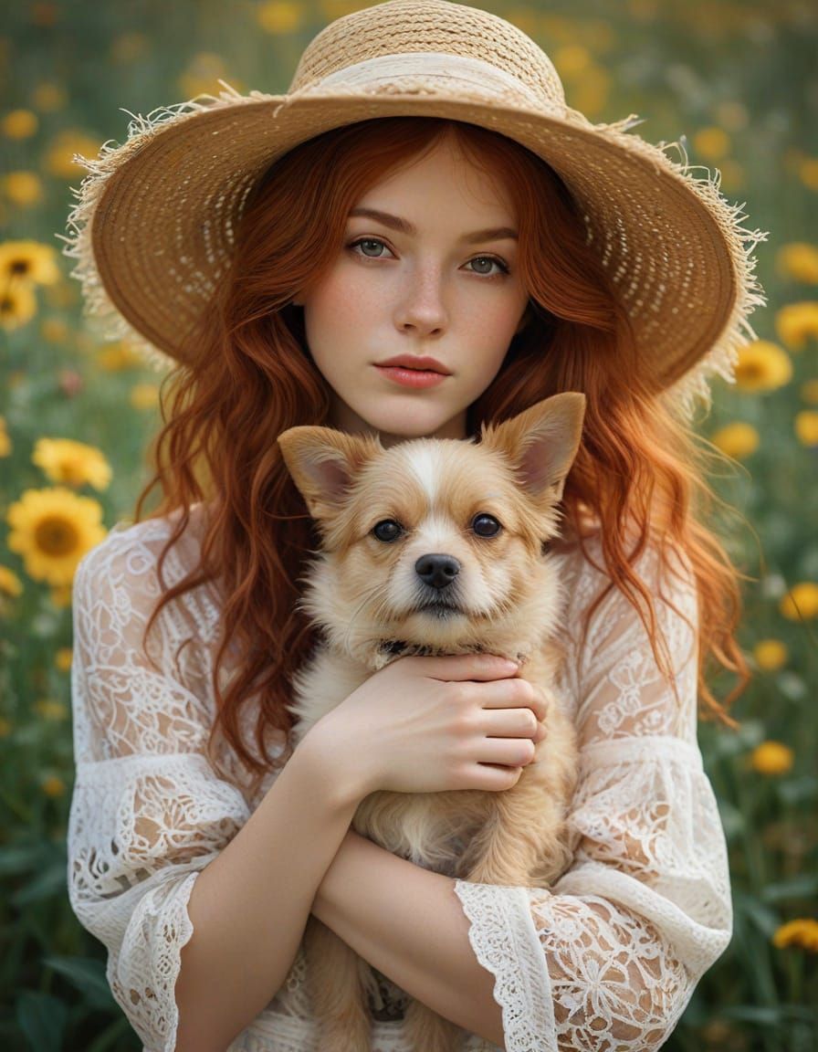 Girl with Dog in Gustav Klimt Impasto Style