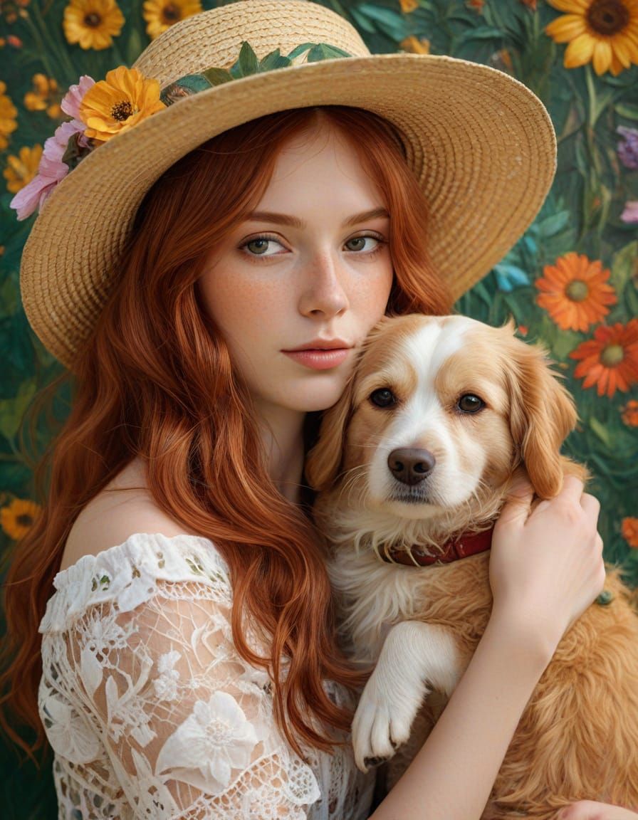 Girl and Dog Portrait in Klimt-Inspired Impasto Style