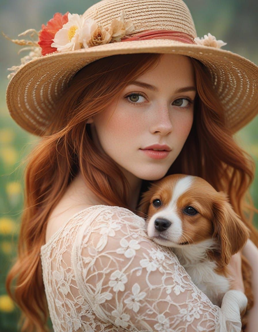 Girl with Dog in Impressionist Portrait with Gold Leaf